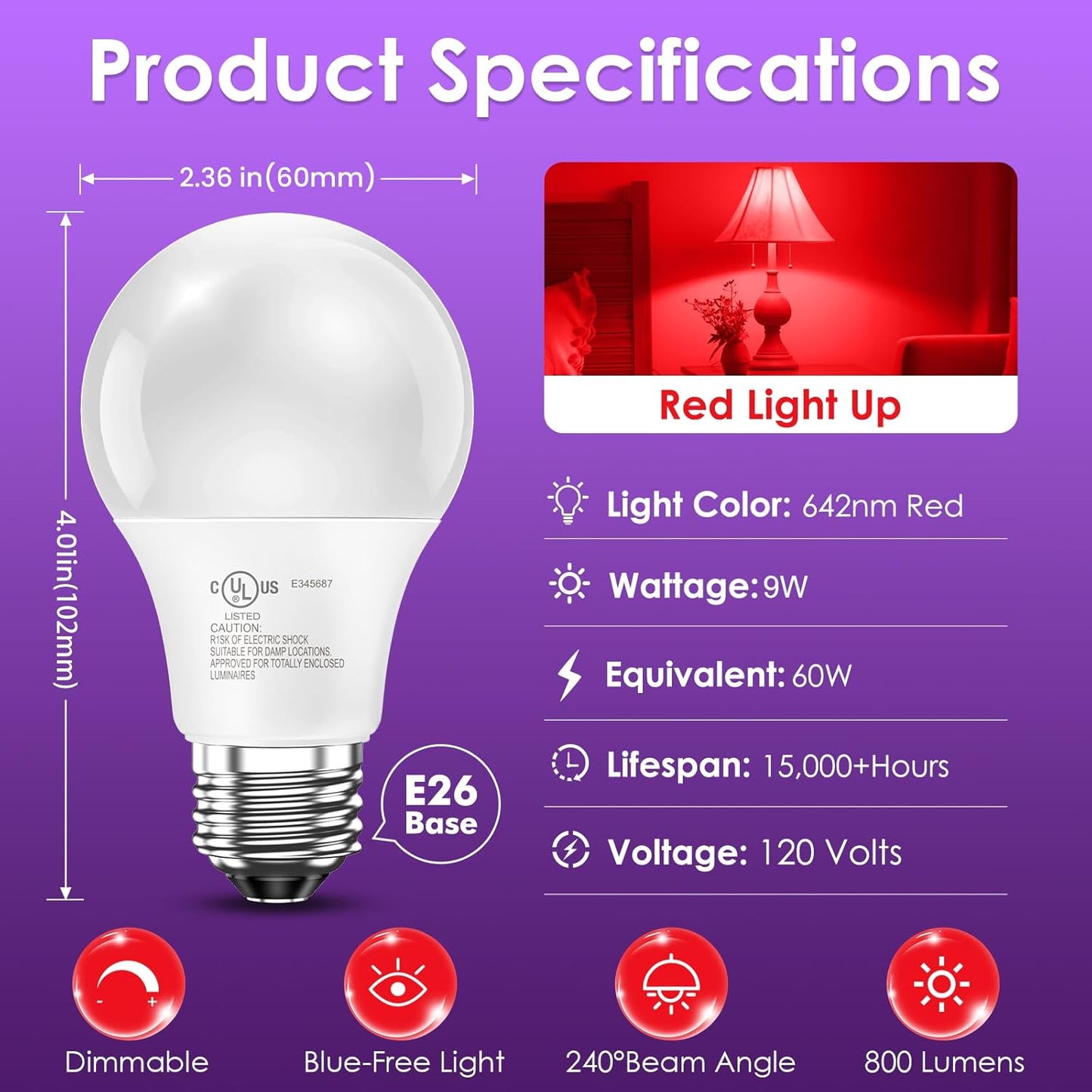 TJOY Red Light Bulbs for Sleep Dimmable, 642nm Red Led Bulb for Melatonin Promoting, 100% Blue Light Blocking, A19 60W Equivalent, 9W E26 Dim Night Light for Bedroom Baby Nursery, 2 Pack