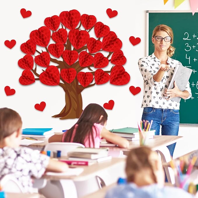 JarThenaAMCS 50Pcs Valentine' s Day Tree Bulletin Board Set 3D Heart Honeycomb