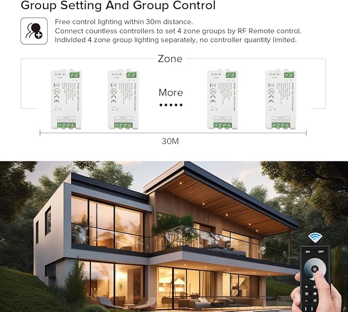 BTF-LIGHTING 5050SMD FCOB COB Dimming RF 2.4GHz Wireless Remote RC01RFB &3PCS C01RF Tuya Controller Kit 4 Zones Group Control PWM Single Color (+V -V) 2pin LED Neon Rope Light DC5V DC12V DC24V