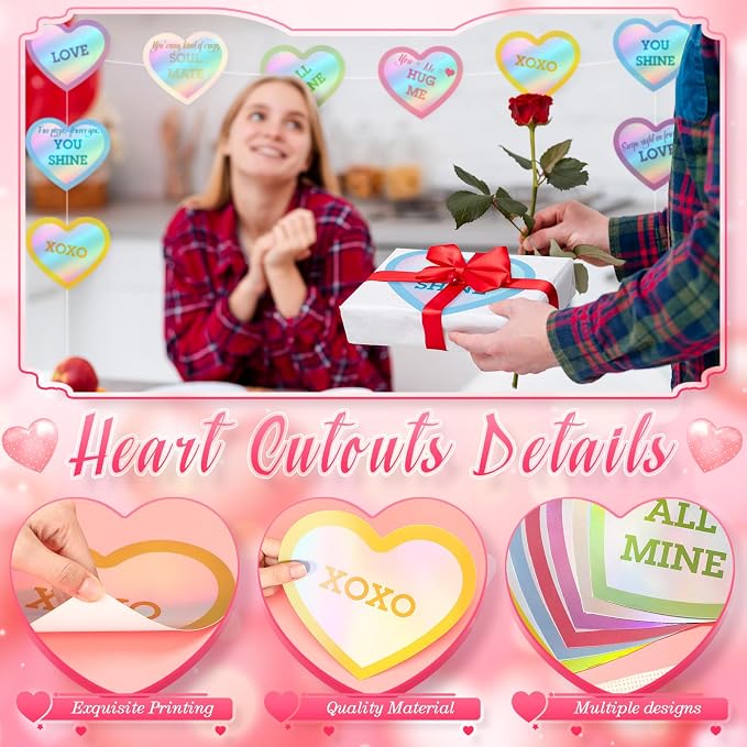 TaoBary 24 Pcs 7.08 Inch Large Heart Cutouts Shiny Iridescent Valentine's Day