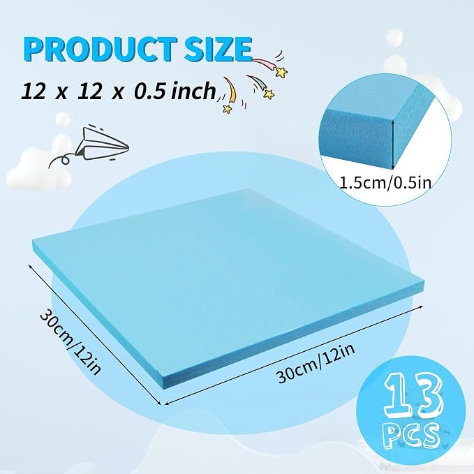 Blue 13 Pack 12x12x0.5 inch Foam Sheets 0.5 Inch Thick | Polystyrene Rectangles