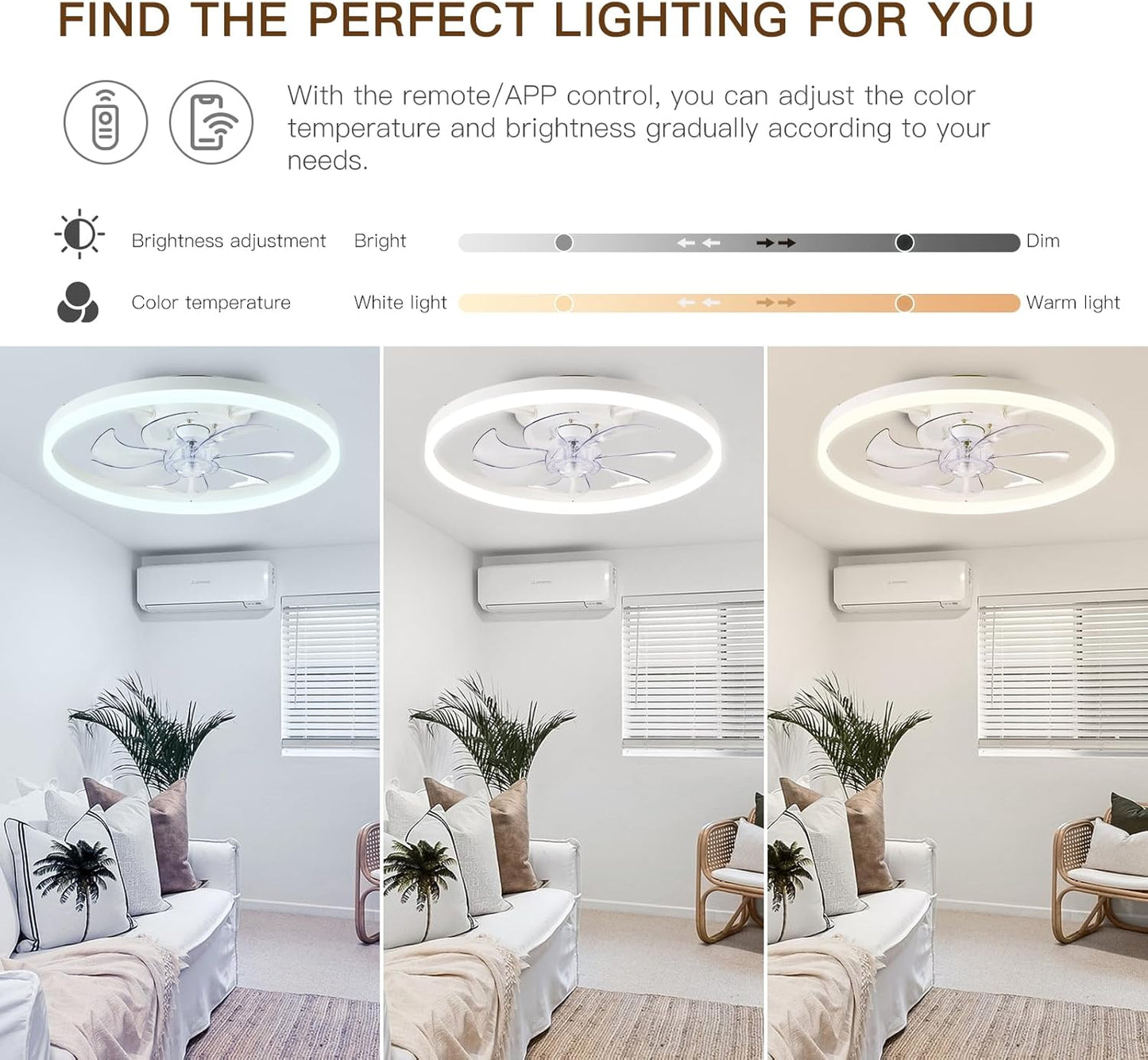 STERREN Ceiling Fans with Lights,20" Low Profile Ceiling Fan with Remote Control, Modern Flush Mount Ceiling Fan,White Fan Light for Bedroom, Living Room,Kitchen,Small LED Ceiling Light Fixture
