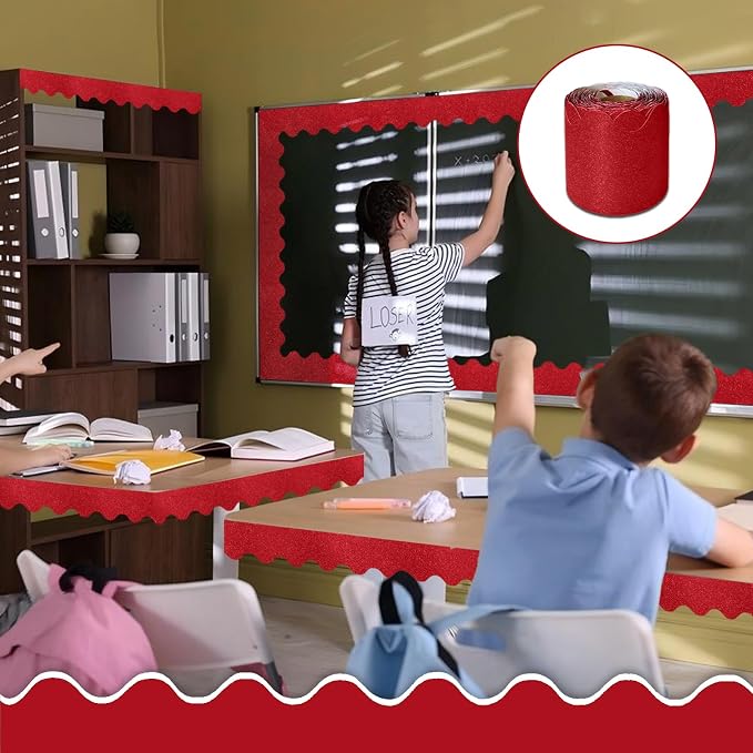 70Ft Shine Red Bulletin Board Border，Scalloped Poster Boards Decorations Trim