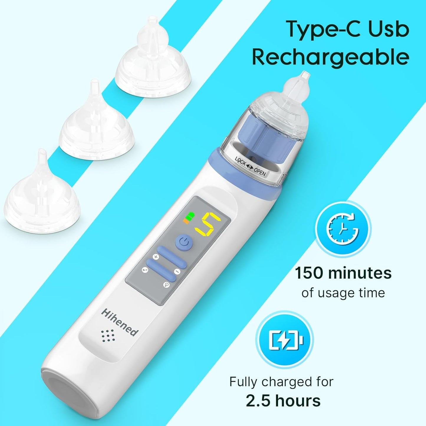 Electric Nasal Aspirator for Baby, Nose Aspirator for Toddlers, Rechargeable Baby Nose Sucker, Nose Cleaner with 3 Silicone Tips, 5 Suction Levels, Music and Light Soothing Function，Blue