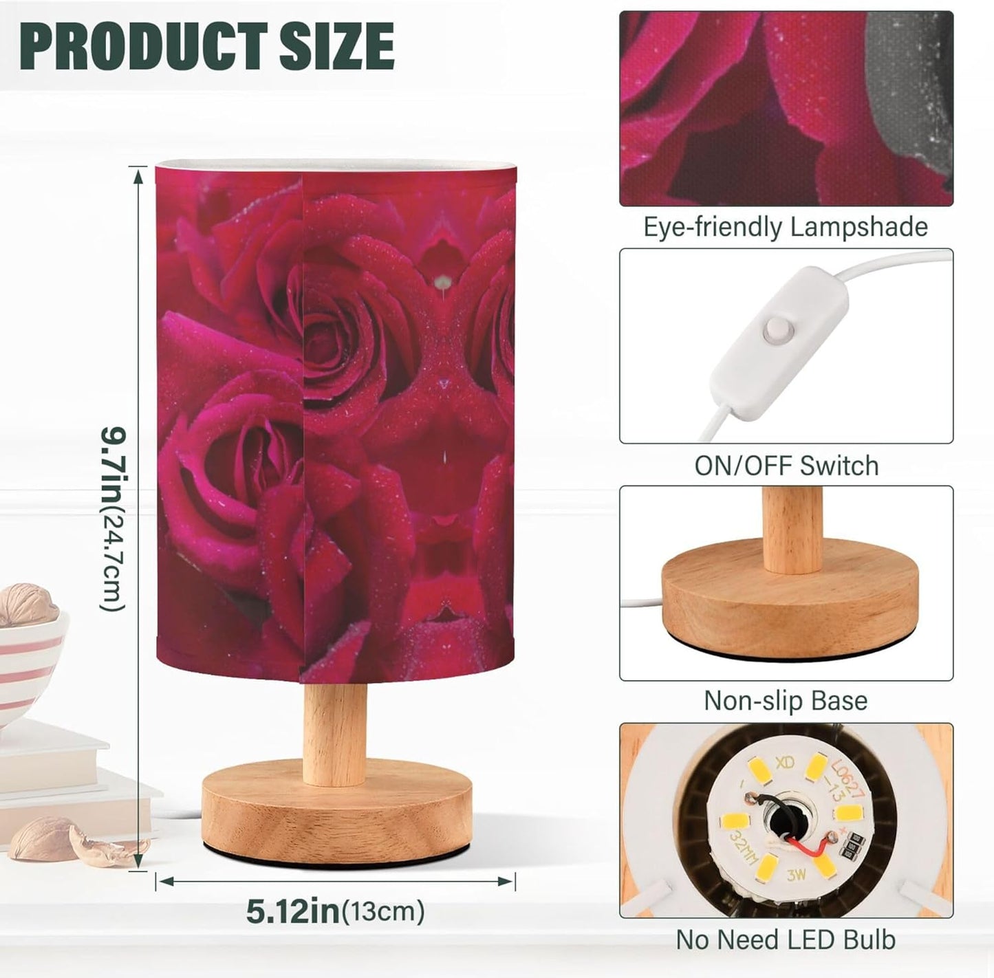 Table Lamp Black Rose in Red Roses Flower with Water Drops Valentines Day Nightstand Lamp with Wood Base Fabric Lamp Shade Bedside Desk Lamp for Living Room Bedroom Kids Room Office