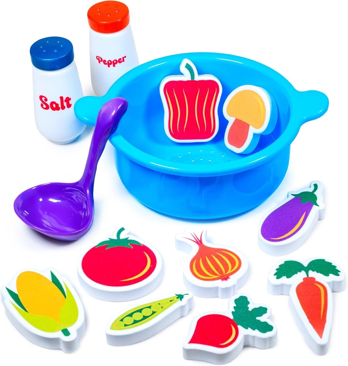 Tub Works® Tub Soup™ Scoop, Strain & Play Toddler Bath Toy | Floating Foam Veggies, Ladle for Scooping & Soup Pot for Straining | Pretend Play Cooking Kids Bath Toys | Creative Bathtub Toys