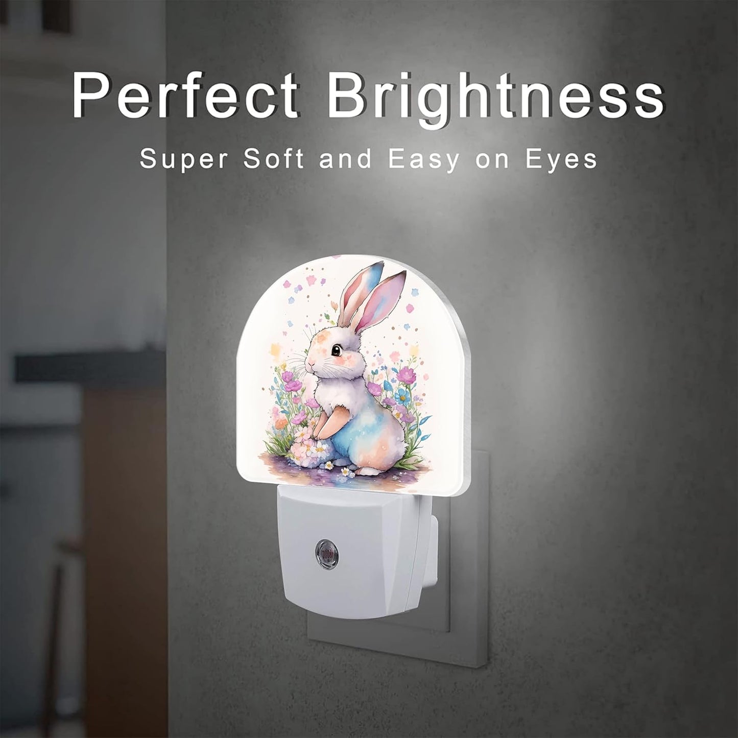 Easter Bunny and Flowers Night Light, Watercolor Cute Rabbit and Floral Dusk to Dawn Night Light Plug in,0.5w Energy Saving Sleep Friendly NightLight for Kids Boys Girls Home Decor