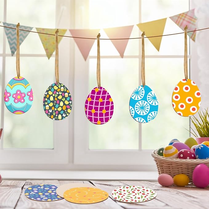 Eggs Shape 50Pcs Unfinished Wooden Easter Ornaments DIY Craft Present-50-Pack