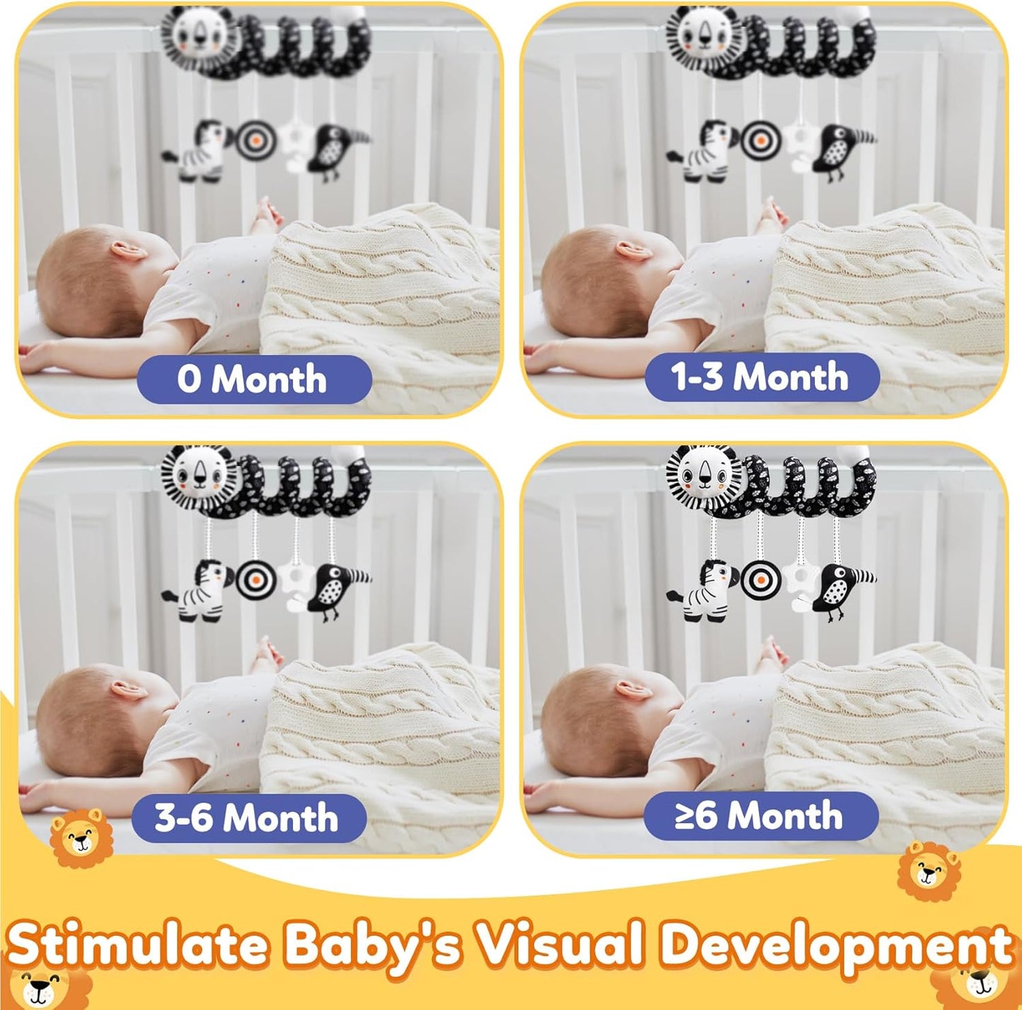 Baby Carseat Toy Black & White Rattle Spiral Hanging Activity Stroller Toy for Newborns Boys and Girls - Lion