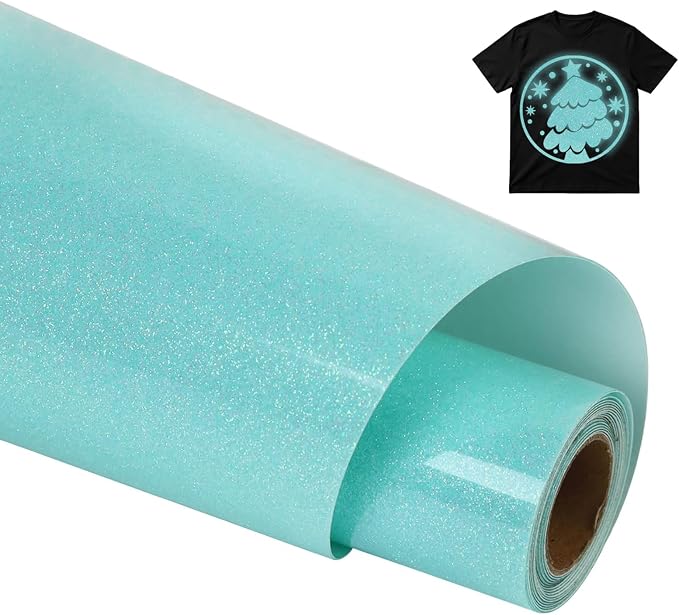 guangyintong Heat Transfer Vinyl Glow Glitter Cyan HTV Rolls, Glitter Cyan HTV