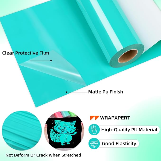 WRAPXPERT HTV Heat Transfer Vinyl Roll-12 x35ft Bright Teal Iron On Vinyl