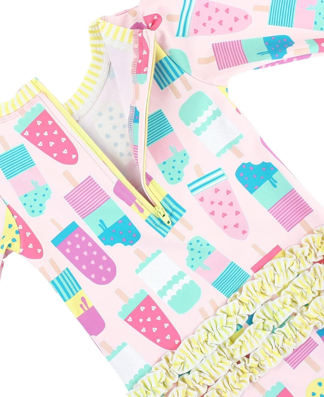RuffleButts Baby Girls UPF 50+ Sun Protection Novelty Print Long Sleeve One Piece Rash Guard Swimsuit with Zipper