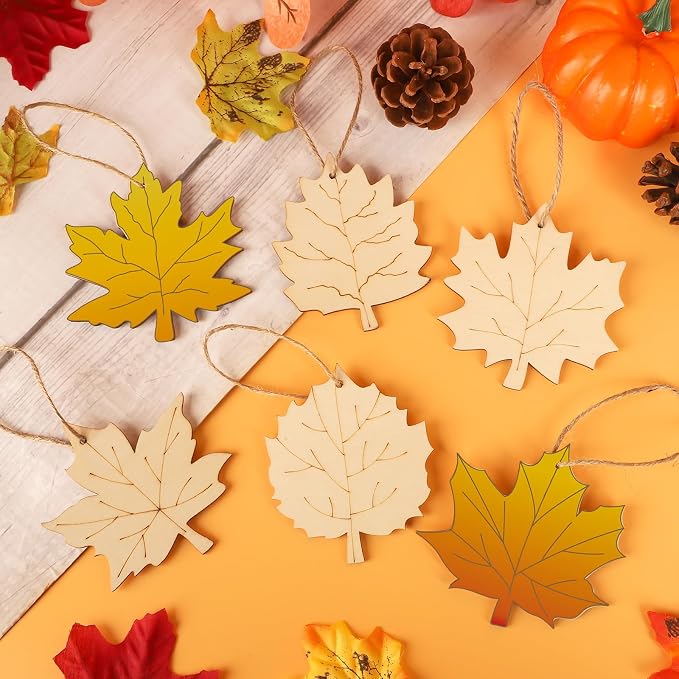 24 PCS Unfinished Wooden Fall Crafts, Maple Leaves Shaped Hanging Ornaments DIY