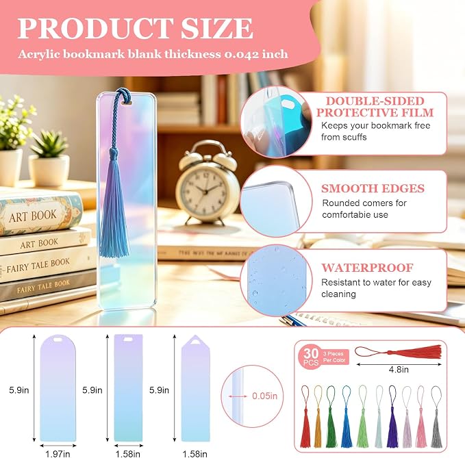 90Pcs Acrylic Bookmark Blanks Kit, 30 Set Iridescent Clear Acrylic Bookmarks