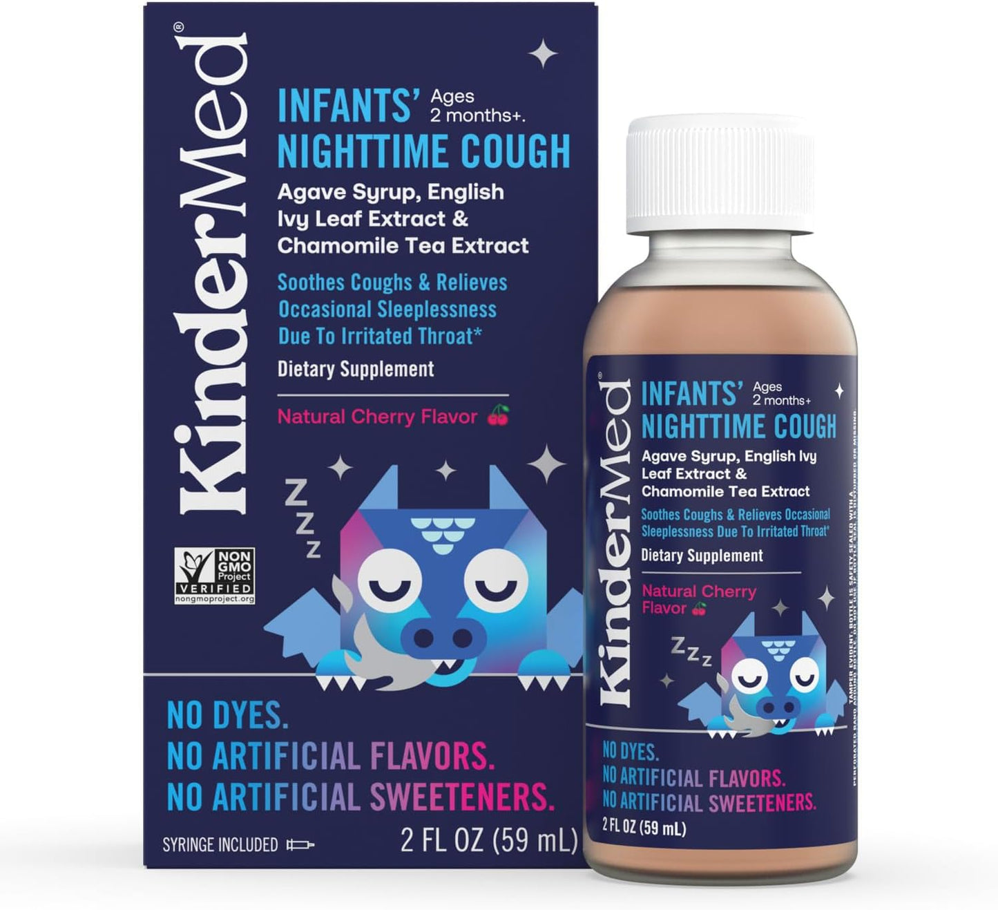 KinderMed Infants' Nighttime Cough, Organic Agave Syrup, English Ivy Leaf Extract, Chamomile Tea Extract, No Dyes, No Artificial Flavors or Sweeteners, Ages 2 Months+, Natural Cherry Flavor (2 Fl Oz)