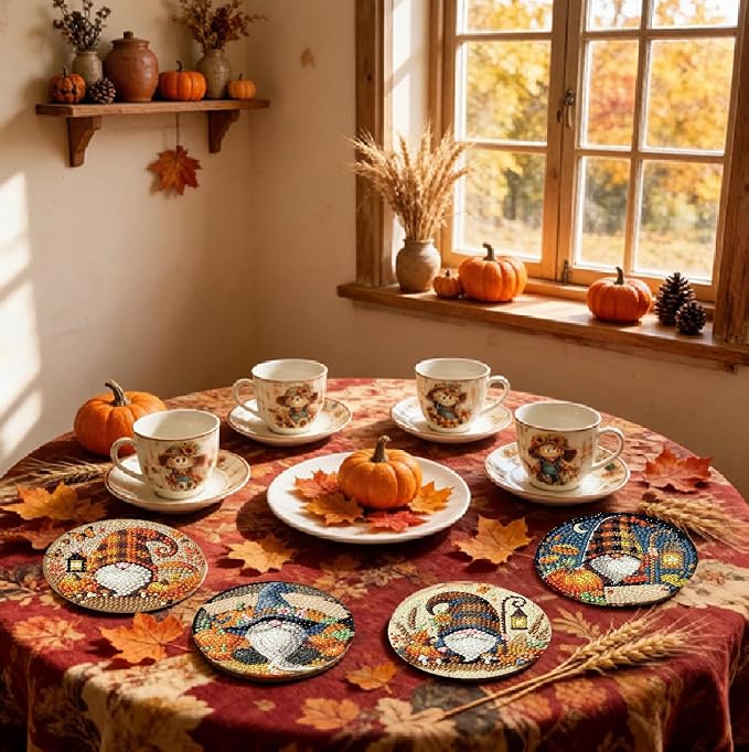 LWZAYS 8 Pcs 5D Autumn Gnome Diamond Art Coasters Kits