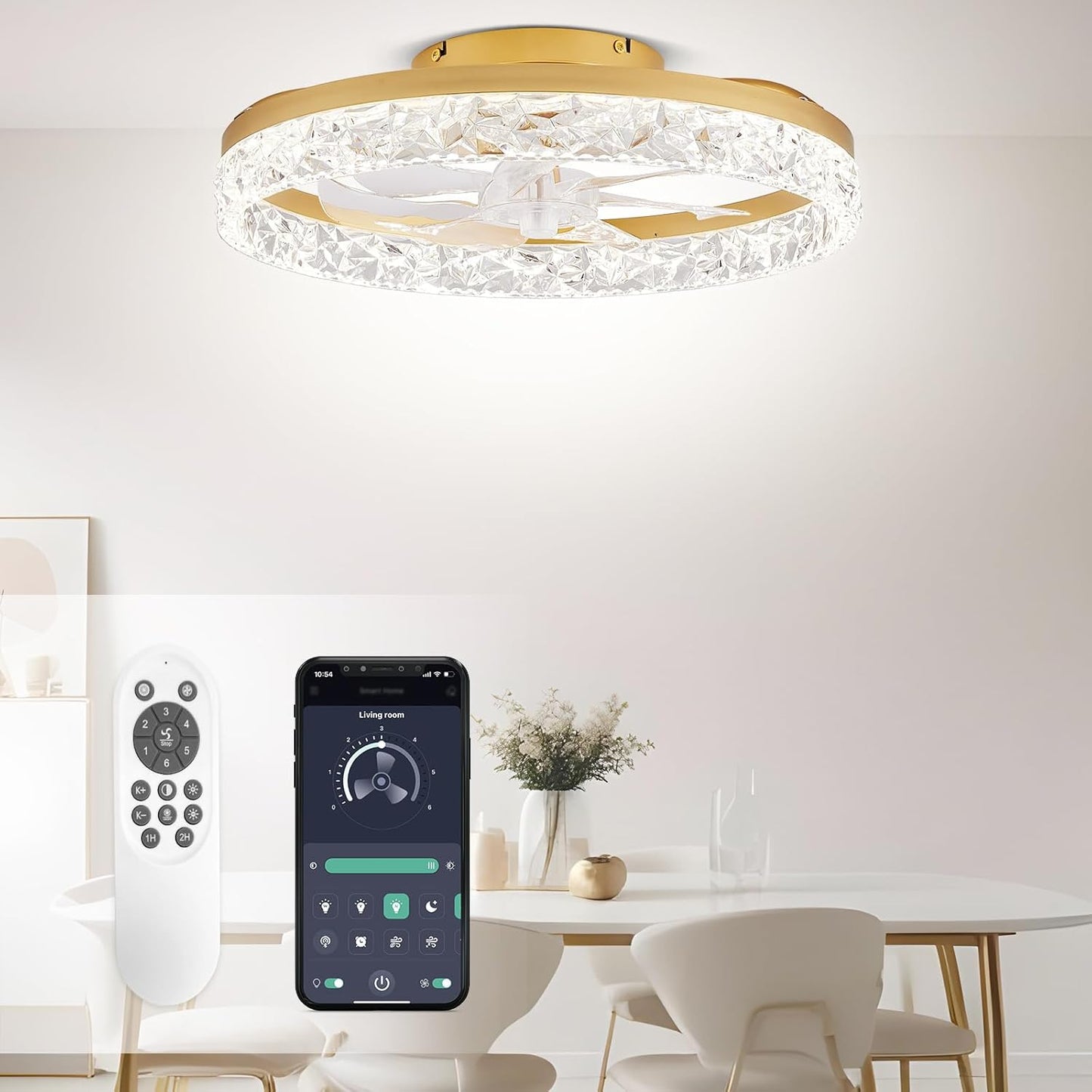 STERREN 19.7'' Crystal Ceiling Fans with Lights and Remote, Modern Low Profile LED Ceiling Fan, Dimmable Flush Mount Fan Light, Gold Fandelier with Color Temperature Change 6 Speeds