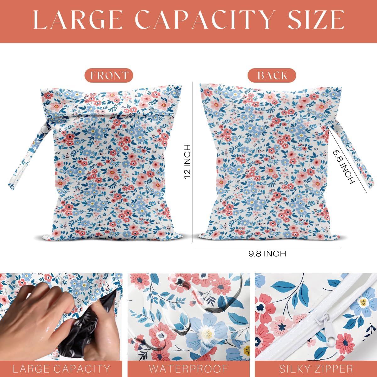 4 Pack Cute Wet Bag Waterproof Washable Reusable Wet Dry Bag for Swimsuit Dirty Clothes Diaper Travel Beach Pool Gym Christmas Bachelorette Party Toiletries Essentials，Colorful Floral Wildflower