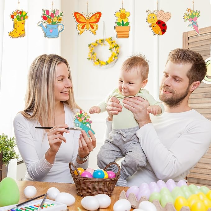 36 PCS Wooden Spring Ornaments to Paint, 12 Styles DIY Blank Unfinished Wood