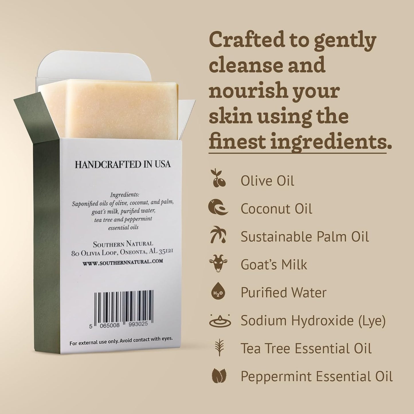 Southern Natural Goat Milk Soap Bar (3 Pack - Tea Tree Peppermint) For Dry, Sensitive Skin. Natural Handmade Soap For Men, Women and Kids. Great For Face & Body.