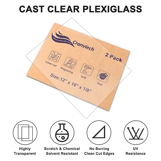 2 Pack Acrylic Sheets, Cranviech Clear Cast Plexiglass Sheet 12" x 16" x 1/8"