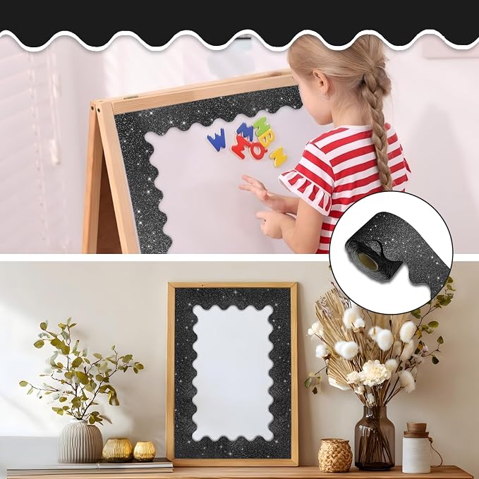 70Ft Shine Black Bulletin Board Borders，Scalloped Poster Boards Decorations Trim