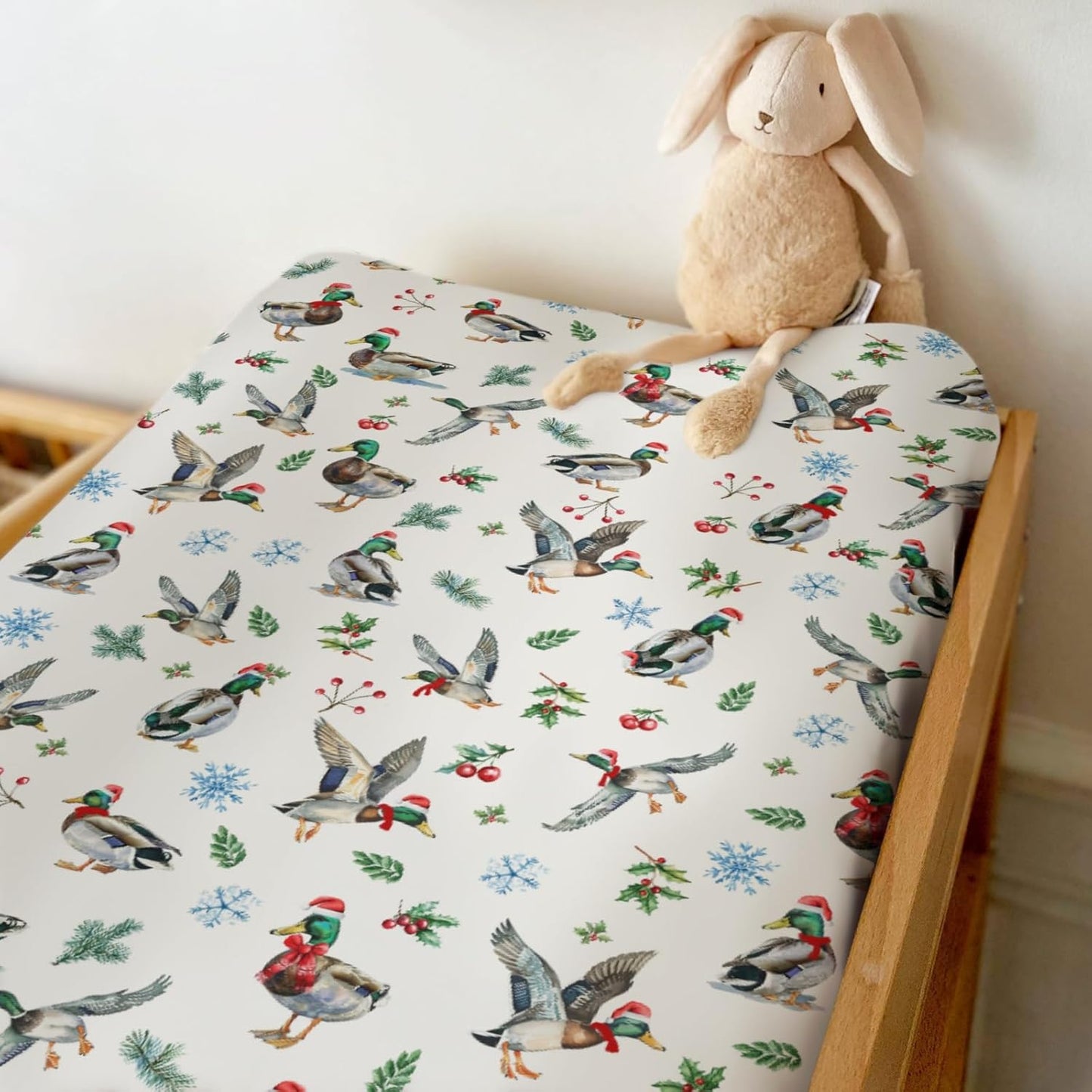 Christmas Mallard Ducks Changing Pad Covers for Baby Girl Boy Wild Ducks Cherry Fir Leaves Fitted Change Table Cover Mats Winter Hunting Duck Soft Diaper Changing Table Sheets 32''×16''