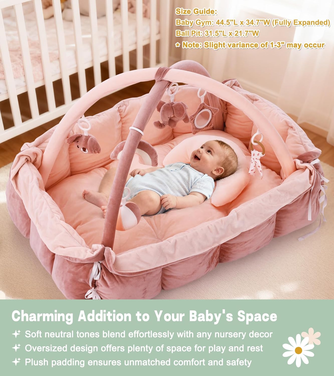 5-in-1 Baby Play Gym and Tummy Time Mat, Tummy Time Pillow & 12 Learning Cards, Plush Activity Mat with 6 Toys, Baby Gym, Convertible to Ball Pit & Pet Bed, Baby Gift, Pink