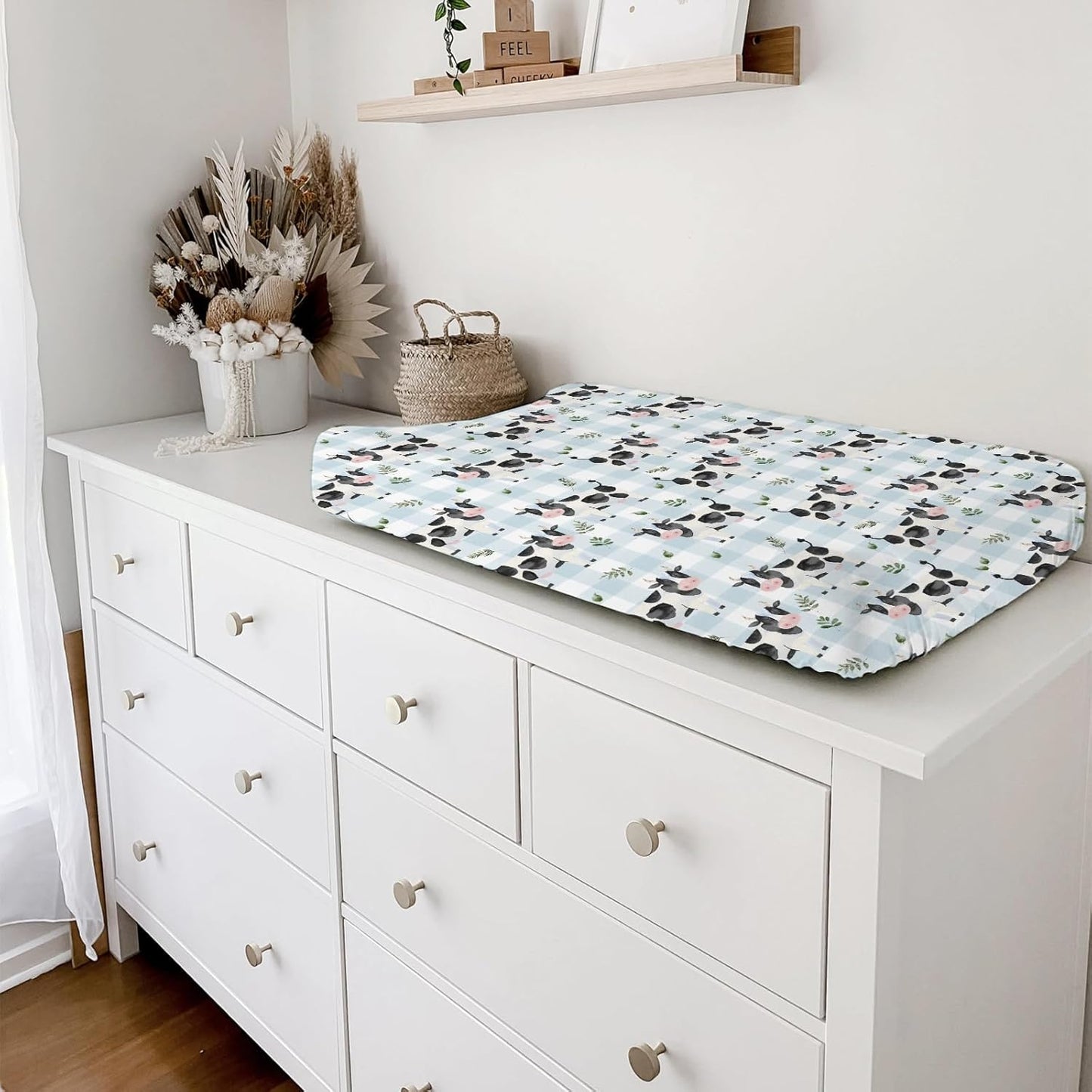 Cow Boho Leaves Changing Pad Covers Spring Farm Animals Leaves Changing Pad Cover Sheets for Boy Girl Cow Plaids Soft Breathable Stretchy Baby Diaper Changing Table Mat Cover 32''x16''