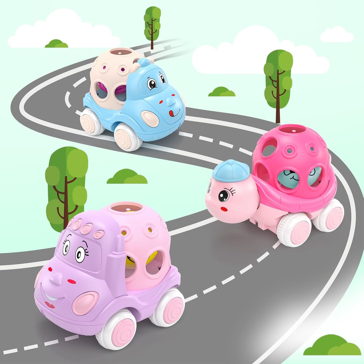 Baby Girl Toys Gifts for 1 2 Year Old Girls, Pink Cars for Babies 6-12 12-18 Months, Push and Go Trucks for Toddlers, Soft Rattle and Roll Toys for One & 1+ Infants First Birthday Gift