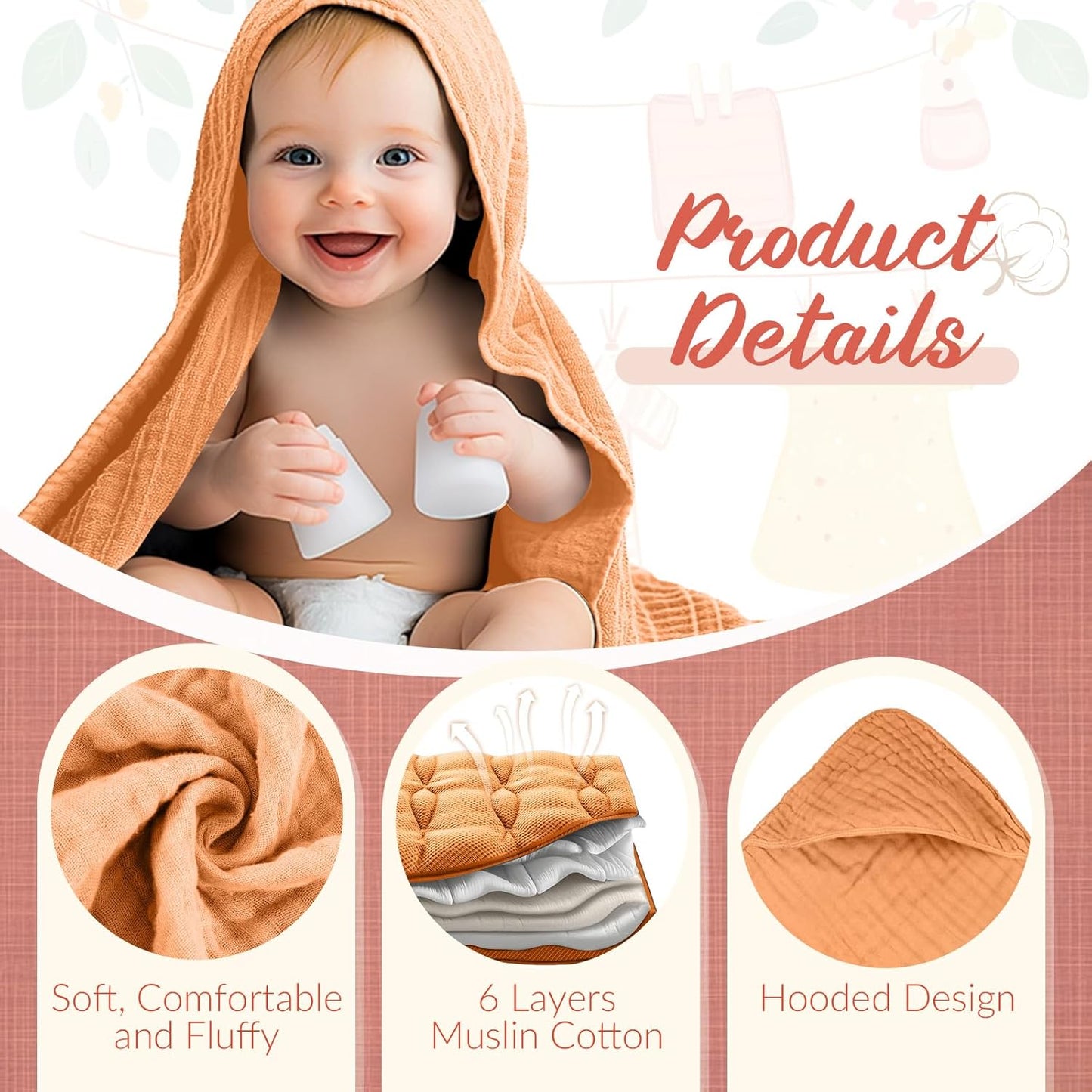 VitalCozy 8 Pcs Baby Muslin Hooded Bath Towels and Washcloths, 32 x 32 Inch Muslin Cotton Hooded Baby Towels Absorbent Blankets for Gift Newborn Infant Shower (Classical Color)