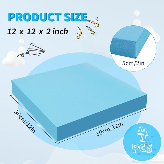 LuckyFoam Blue 4 Pack 12x12x2 inch Foam Sheets 2 Inch Thick | Polystyrene