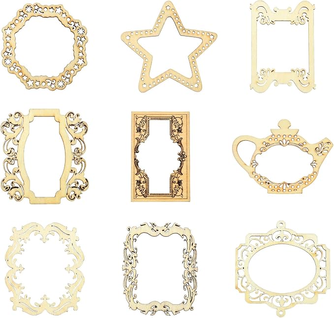 18 pcs 9 Styles Hollow Pyrography Theme Unfinished Blank Wood Cutout Charms