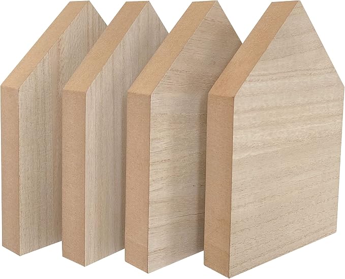 4 Pack 8 Inch Wooden House Shape Block Unfinished Wood Farmhouse Cutouts