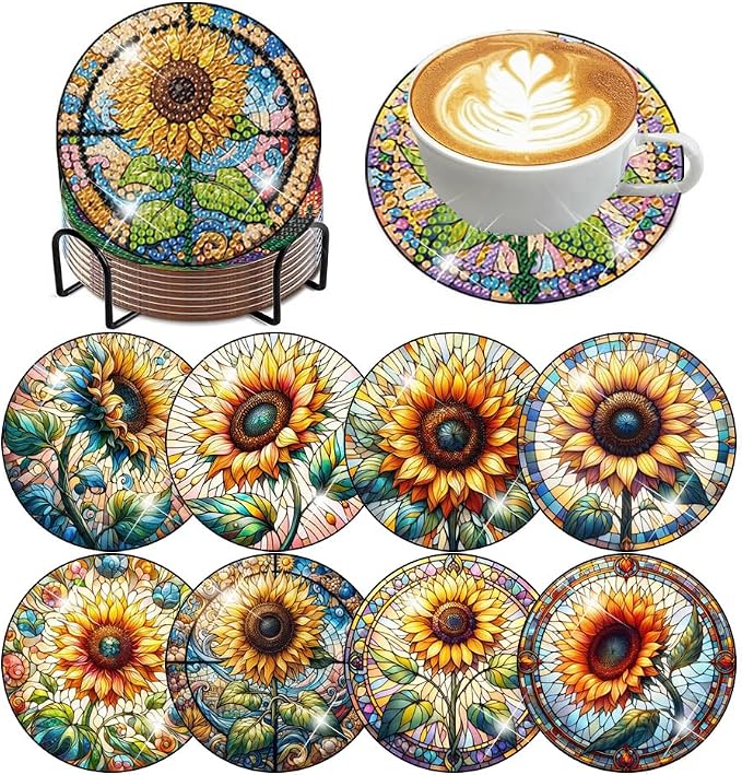 ijbnhd 8 PCS Sunflower Diamond Painting Coasters | Sunflower Diamond Art