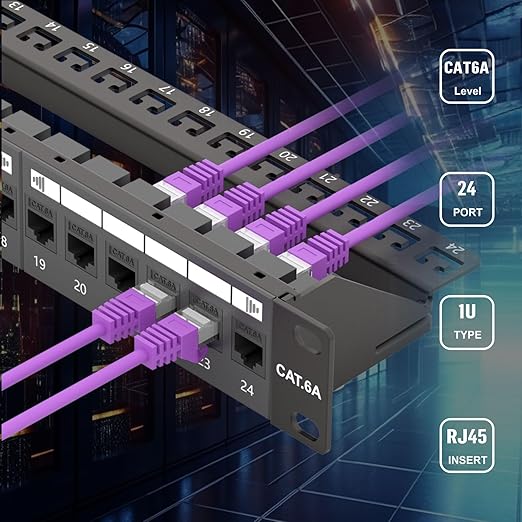 FGB 24 Port Cat6A Keystone Patch Panel, 19" Rackmount or Wall Mount, 1U with Back Bar, Network Patch Panel for Gigabit Ethernet