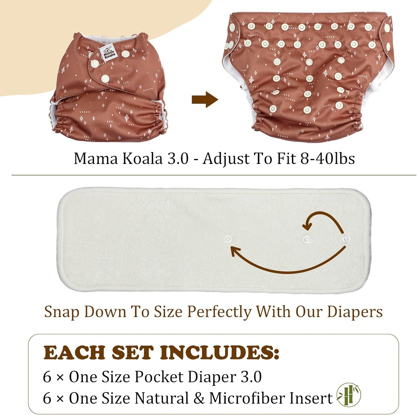 Mama Koala 3.0 Cloth Diapers for Babies with AWJ Lining, 6 Pack with 6 Natural Cloth Diaper Inserts - Reusable and Washable Pocket Diapers (Light Lavender)