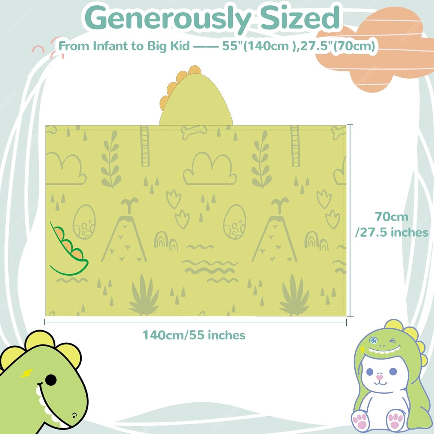 HECCEI HoodieHug Baby Towels, Premium Coral Fleece Bath Towel with Large Size-Ultra Absorbent for Baby Comfort- Great Gift for Newborn, Toddler and Kid (Dinosaur + Elephant)