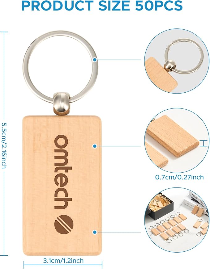 OMTech Wooden Keychain Blanks, Wood Key Chain Bulk, Unfinished Wooden Key Rings