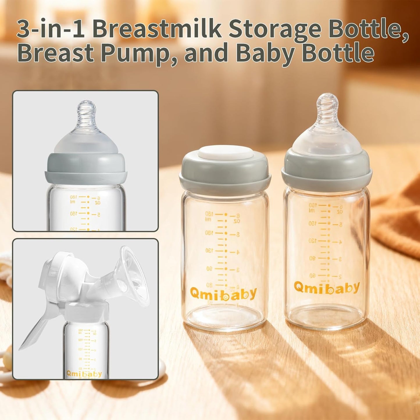 Glass Breastmilk Storage Bottles 180ml 6oz BPA-Free Leak-Proof Natural Baby Bottle for Breastmilk Storage Wide Neck Bottles with Screw Ring Sealing Disk Breastfeeding (Grey, 180ml-4Packs)