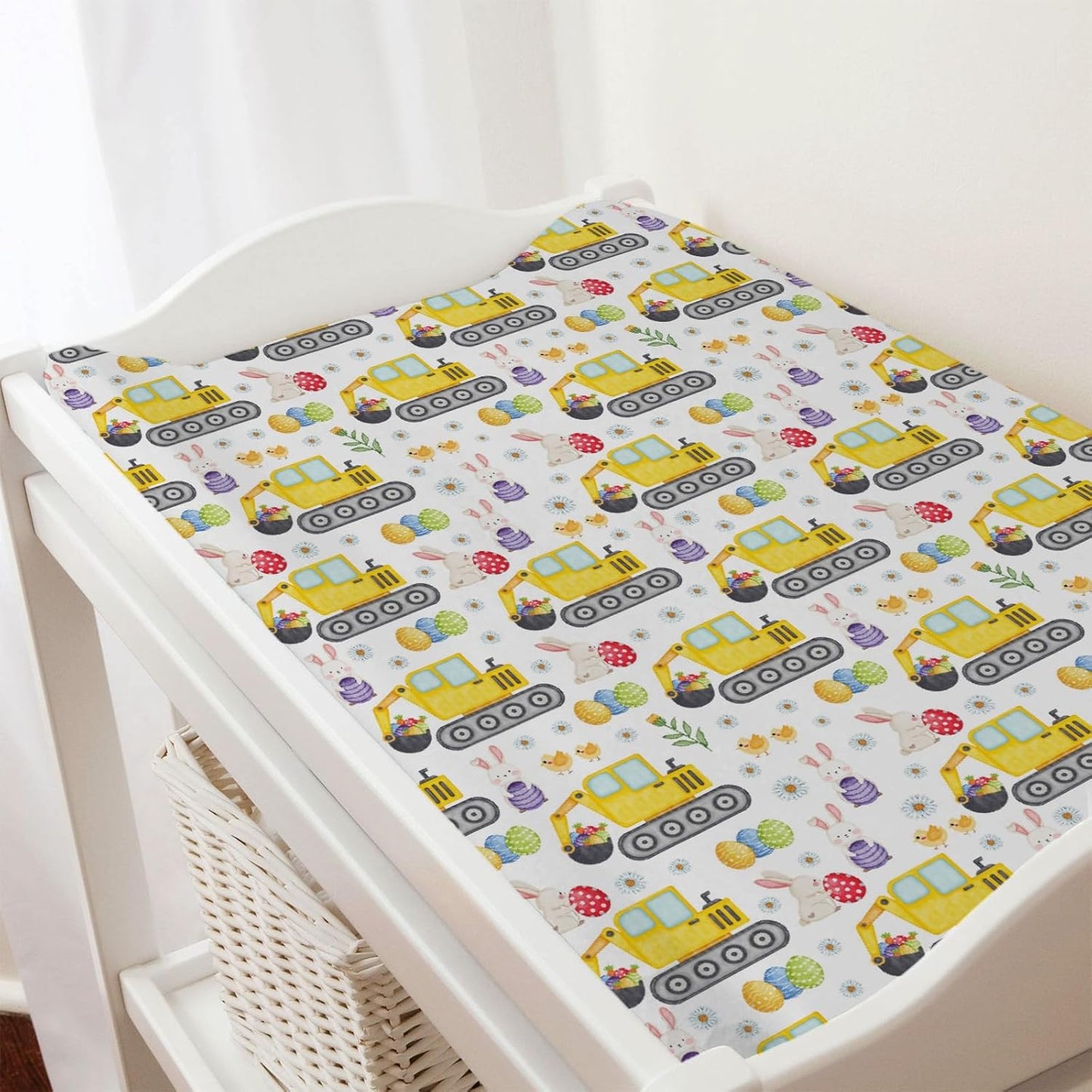 Easter Construction Trucks Changing Pad Cover Colorful Bunny Eggs Chicks Spring Floral Unisex Diaper Change Table Sheets for Boy Girl Soft Breathable Stretch Fitted Changing Pad Table Mats 32''x16''
