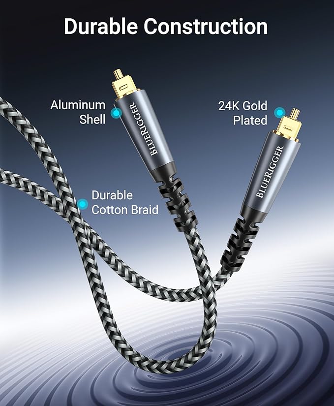 BlueRigger Digital Optical Audio Cable (6FT, Toslink Cable for Soundbar, Braided Fiber Optic, S/PDIF, Metal Shell) - Compatible with HomeTheatre, TV, Game Console (PS4, Xbox), DVR