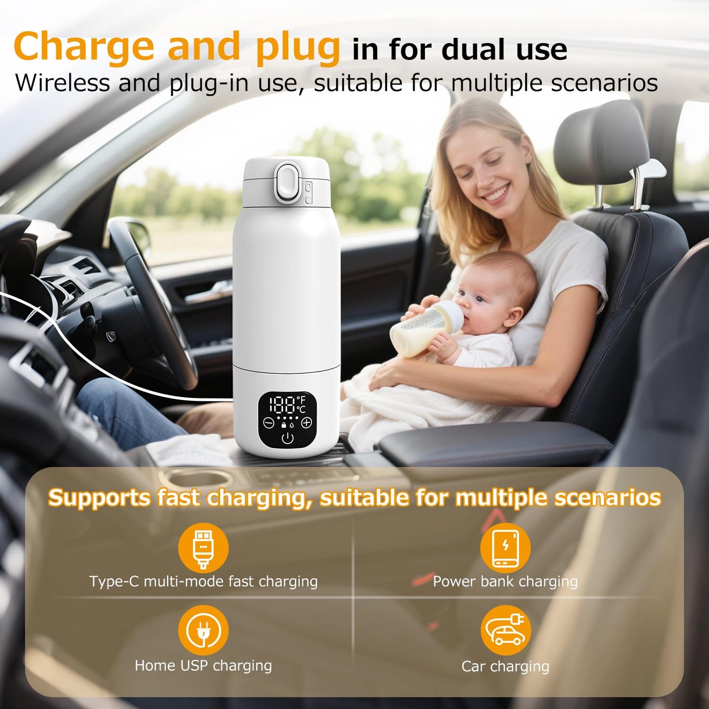 Portable Bottle Warmer for Travel,Dual Heating Modes for Breast Milk & Water,Fast Heating & Precise Temp Control,17 Ounces Portable Bottle Warmer for Vehicle,car,Airplane Journey,Outdoors