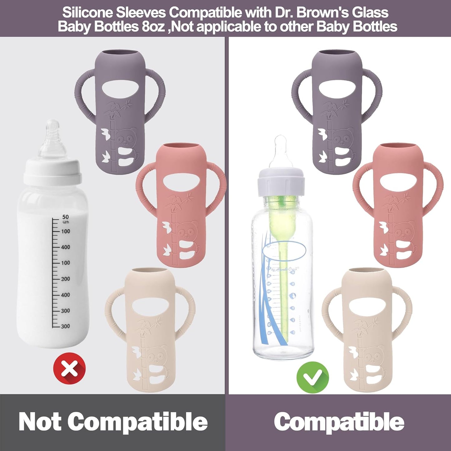 BUSOHA 3 Pack Silicone Sleeves for Dr Brown Glass Baby Bottles - Drop Protection Baby Bottle Sleeves,Compatible with Dr. Brown's Newborn Glass Bottles,with Silicone Handles,8 oz