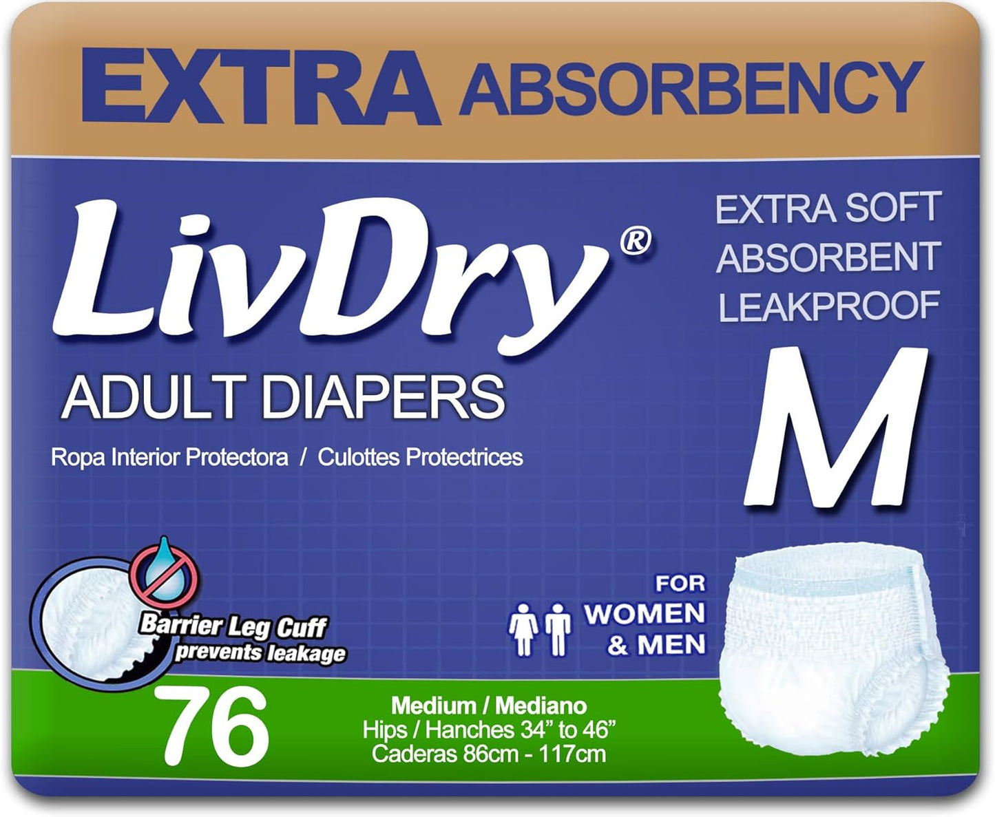 LivDry Adult Incontinence Underwear, Extra Absorbency Adult Diapers, Leak Protection, Medium, 76-Pack