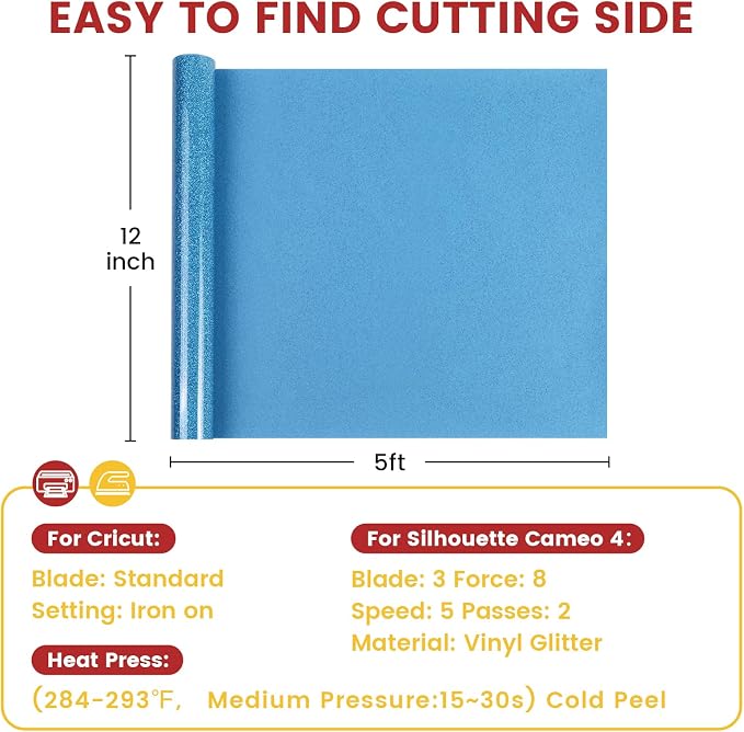 Glitter Heat Transfer Vinyl Rolls 12" x 5FT Sky Blue