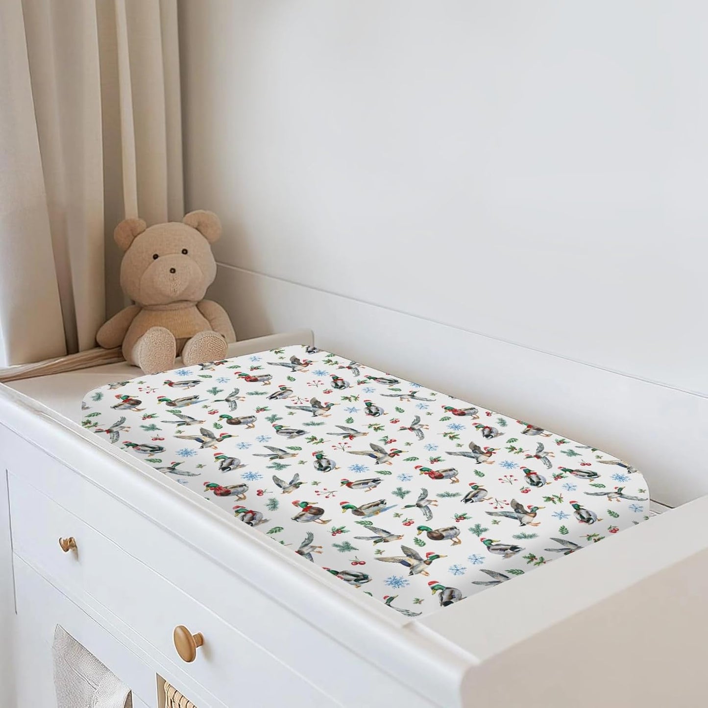 Christmas Mallard Ducks Changing Pad Covers for Baby Girl Boy Wild Ducks Cherry Fir Leaves Fitted Change Table Cover Mats Winter Hunting Duck Soft Diaper Changing Table Sheets 32''×16''