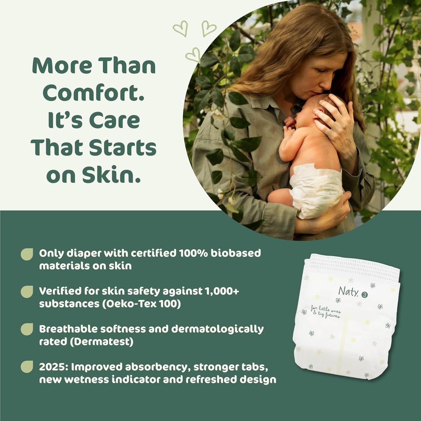 Naty BioEmbrace Baby Diapers Size 3 (9–20 lbs) | 100% Biobased on Skin | Plant-Based Softness | Dermatologically Tested, Super Absorbent | 100 Count