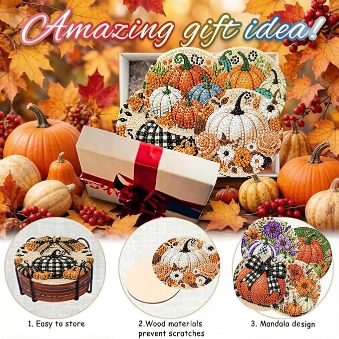 LWZAYS 8 PCS Fall Pumpkin Diamond Art Coaster Kits