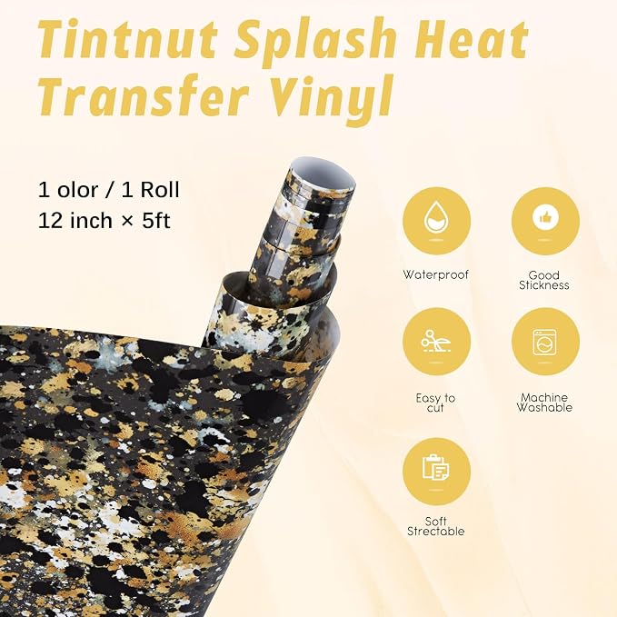 Tintnut Black Gold Splash Heat Transfer Vinyl Roll, stretch washable, works